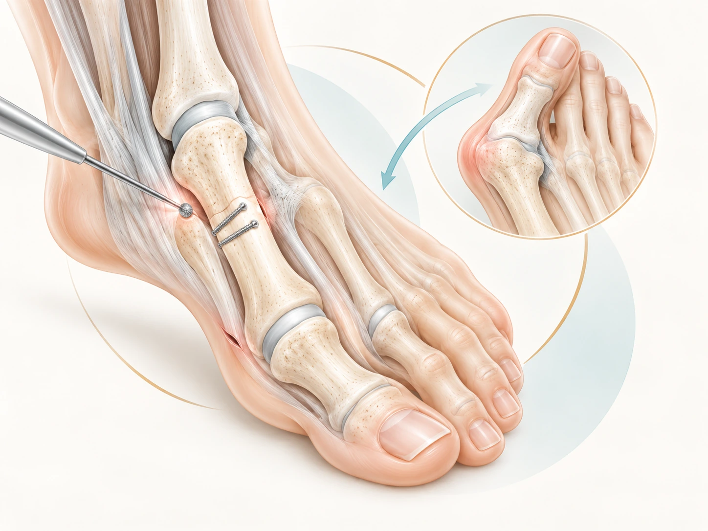Illustration pédagogique de chirurgie percutanée de l’hallux valgus